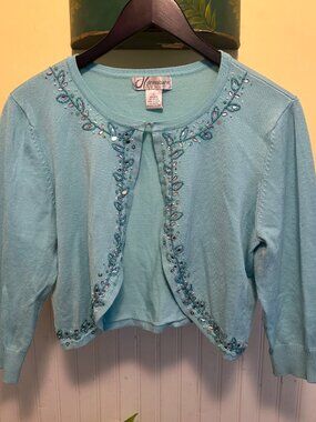 Dressbarn Womens Beaded Aqua Cardigan Sweater Large